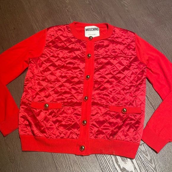 Moschino Sweaters - MOSCHINO | Red Wool & Silk Quilted Cardigan with Gold Buttons